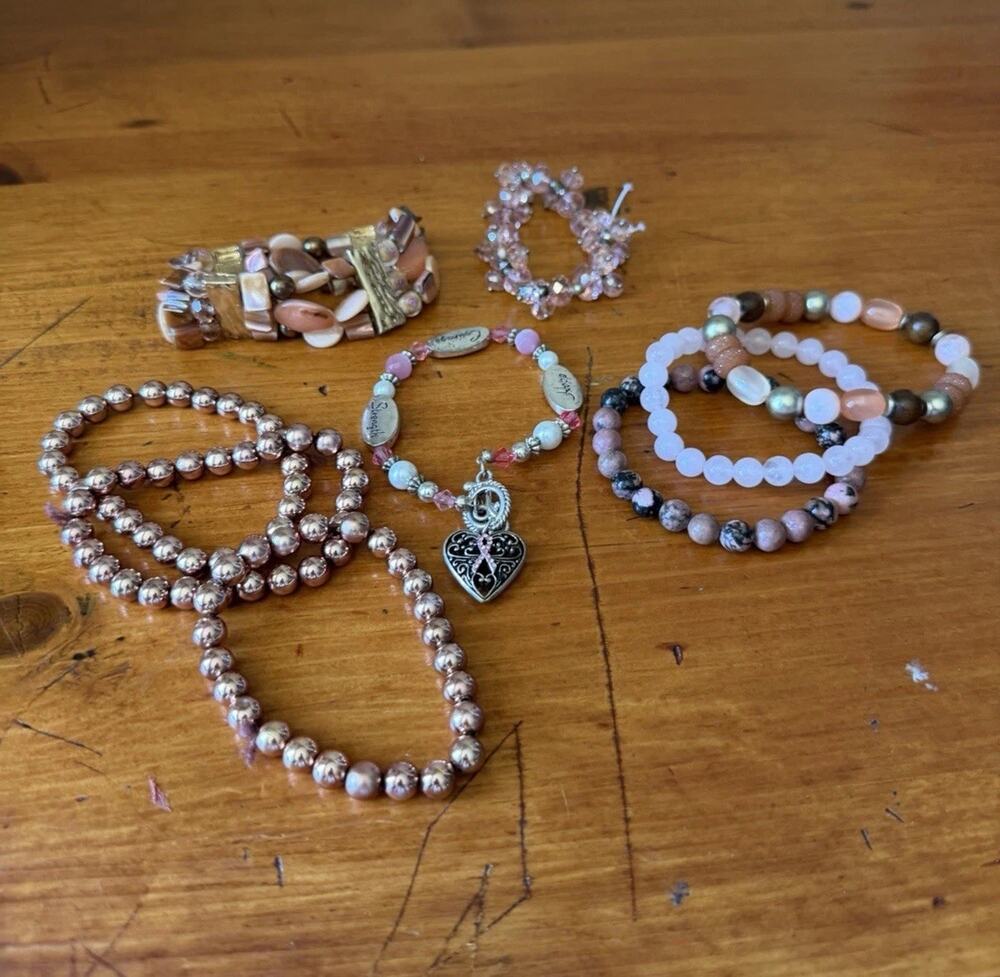 Pink Bracelet Bundle Rose Gold Beaded Stretch Hope Courage Inspirational Jewelry